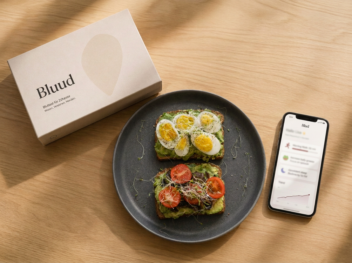 Frühstückstisch mit Bluud Testkit und Smartphone mit personalisierten Empfehlungen