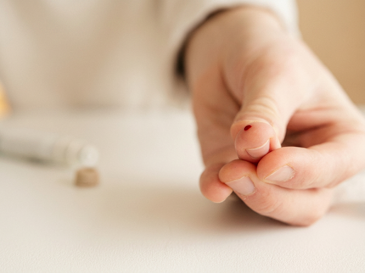 Fingerkuppe mit einem kleinen Blutstropfen neben einer Lanzette